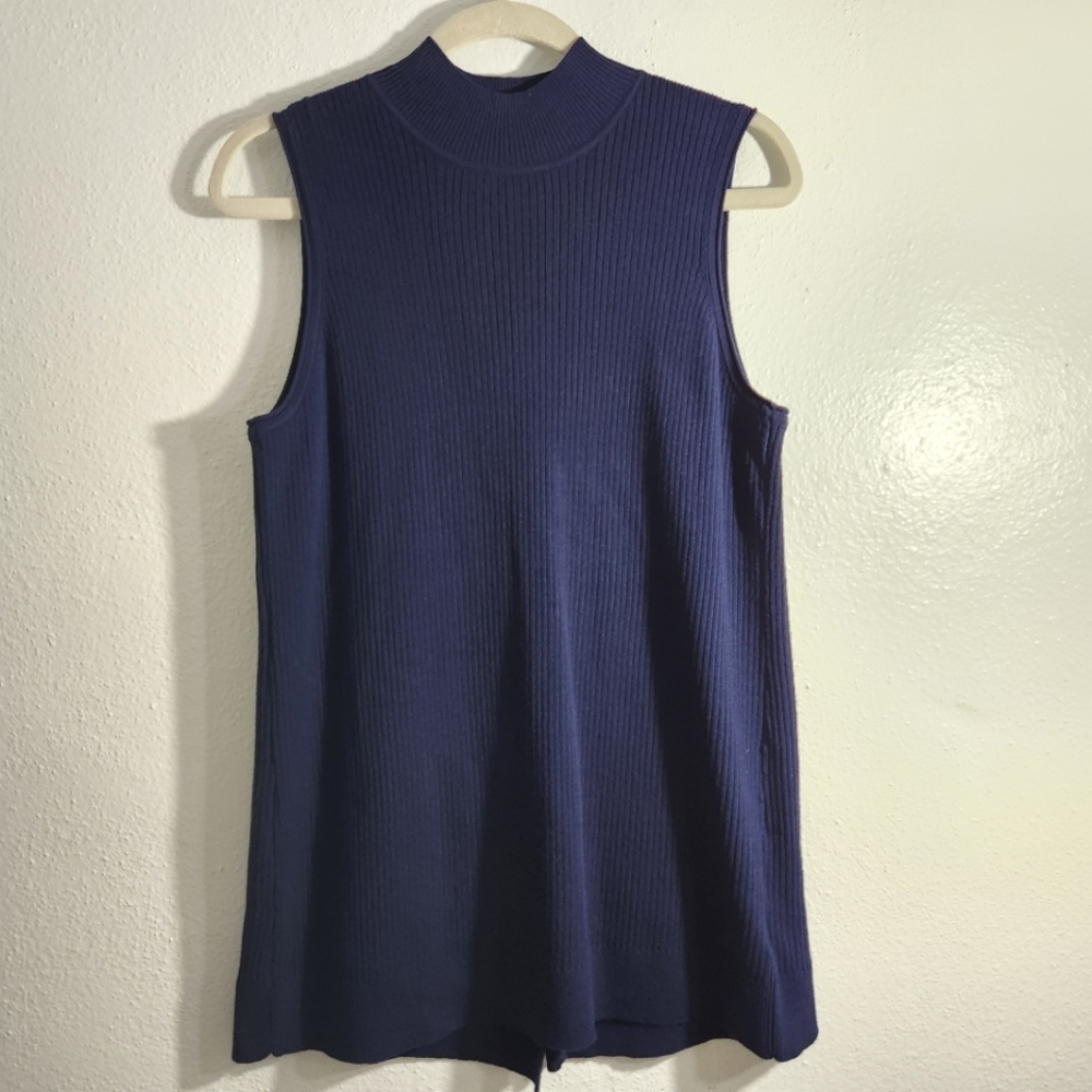 Tyler Boe Ribbed Knit High Neck Sleeveless Cross Over Back Navy Large